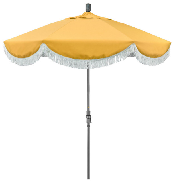7.5' Gray Surfside Patio Umbrella With Ribs and White Fringe, Buttercup
