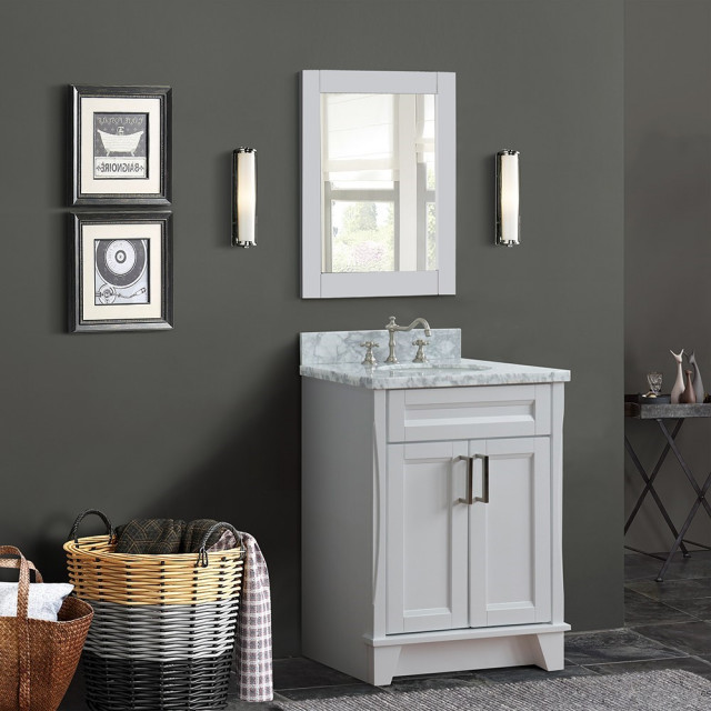 25" Single Sink Vanity, White Finish With White Carrara Marble And Oval ...