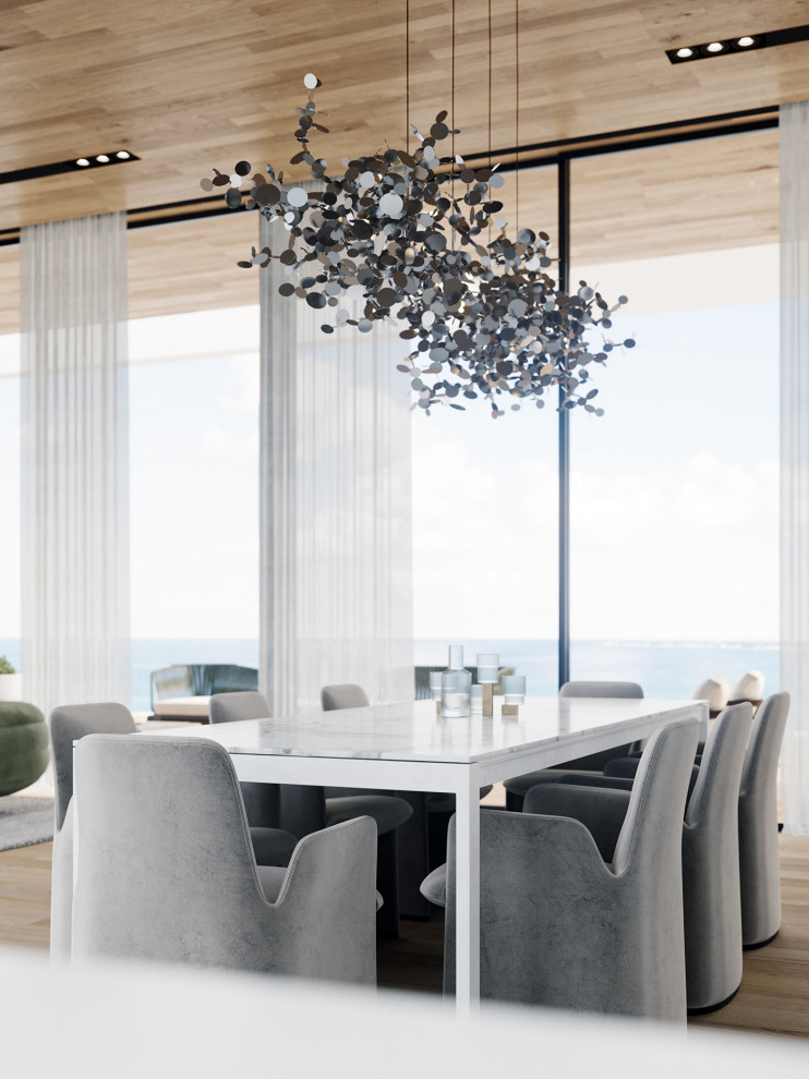 Idee per una grande sala da pranzo moderna con pavimento in legno massello medio, pavimento marrone e soffitto in legno