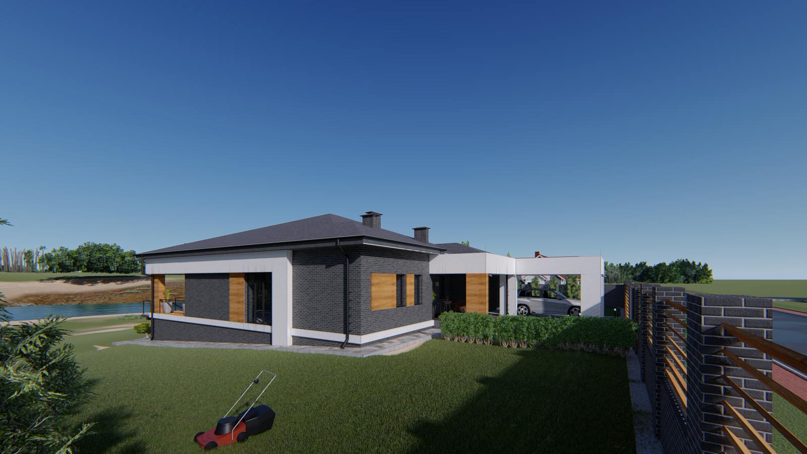 Проект жилого одноэтажного дома с террасой гаражом и навесом под одну машину