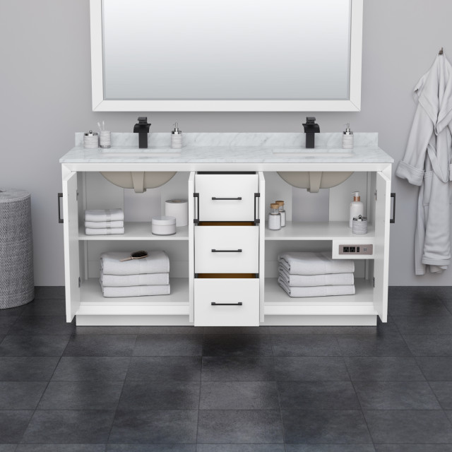 Strada 66" Double Vanity, White, No Countertop, Matte Black Trim - Transitional - Bathroom ...