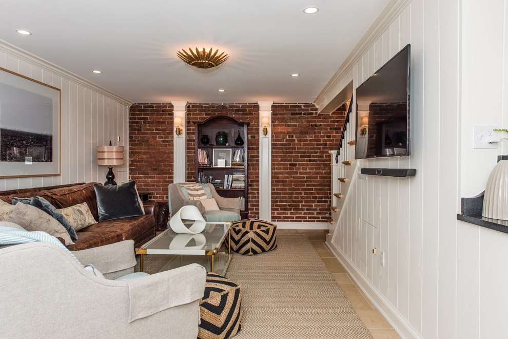 Example of a mid-sized transitional underground ceramic tile and beige floor basement design in DC Metro with white walls and no fireplace