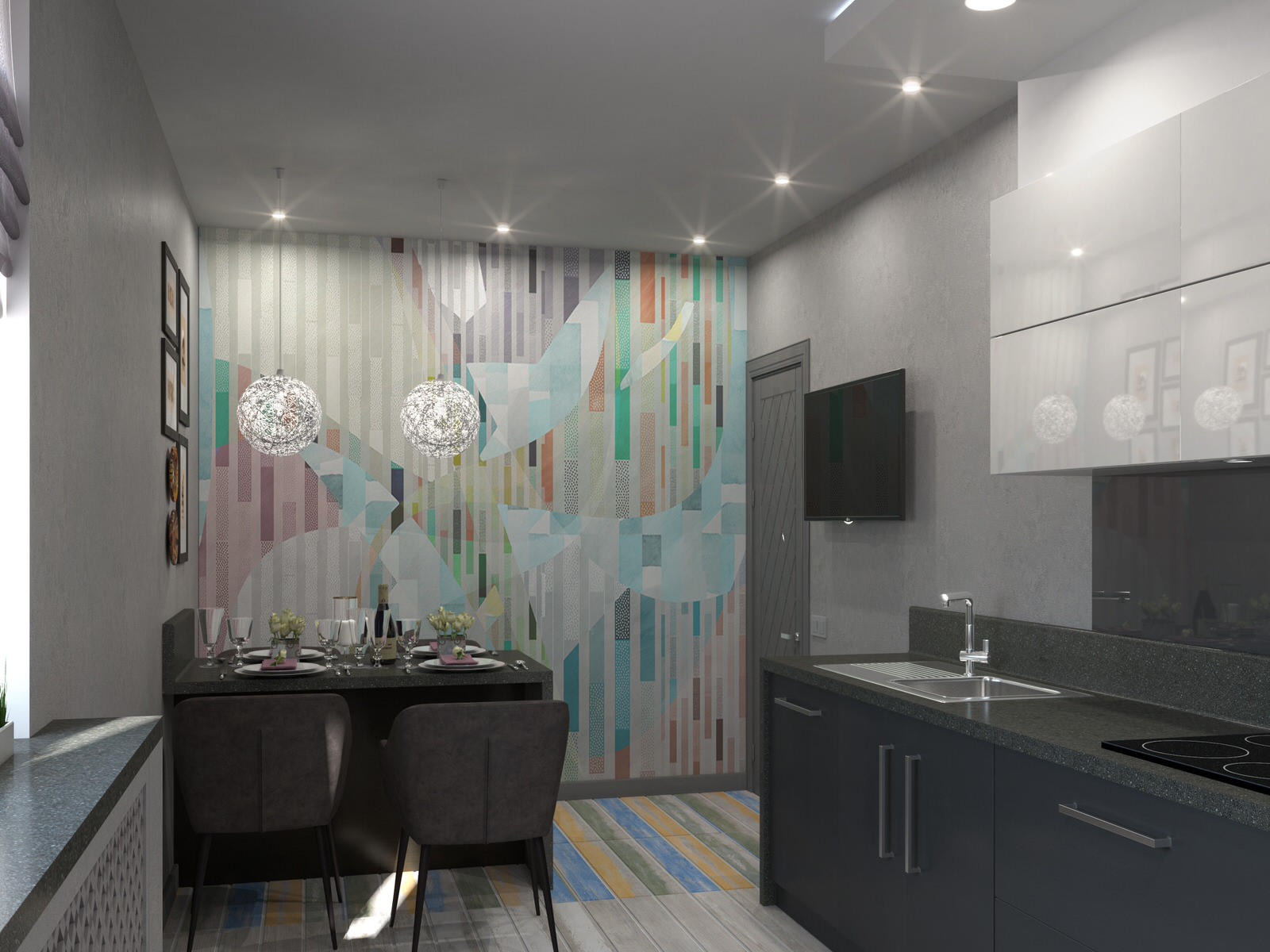 Кухня с акцентной стеной в частном доме