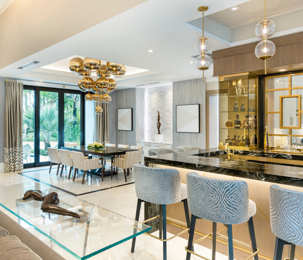 Inspiration for an expansive transitional open plan dining in Miami with beige walls, porcelain floors, white floor, coffered and wallpaper.