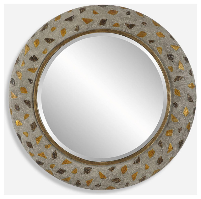 Copper Terrazzo Wall Mirror, Concrete with Antiqued Copper and Burnished Gold Contemporary