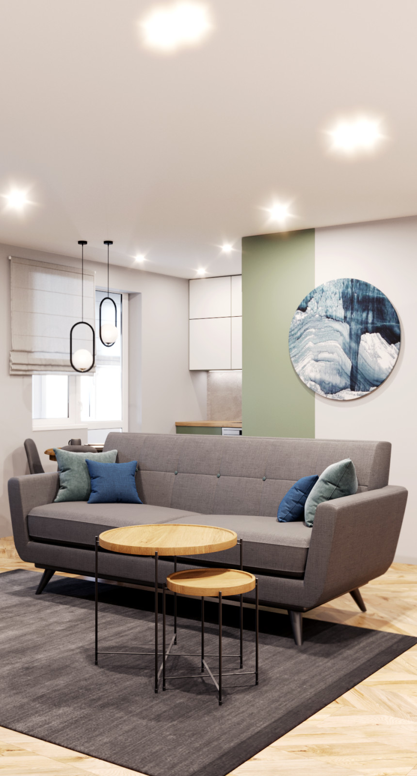 Гостиная, совмещённая с кухней, в природных тонах