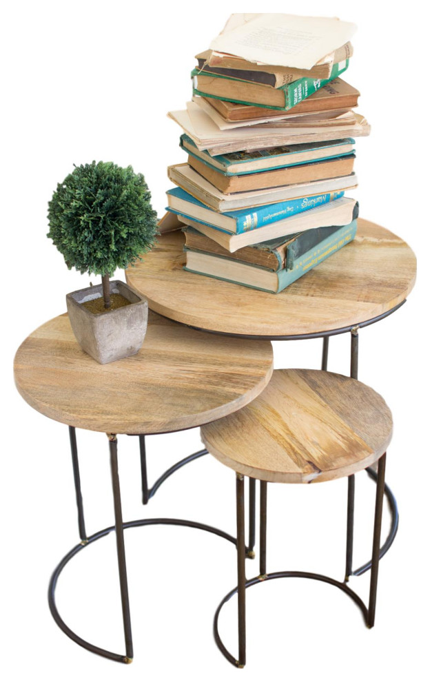 3-Piece Modern Round Wood/Metal Nesting Accent Table Set