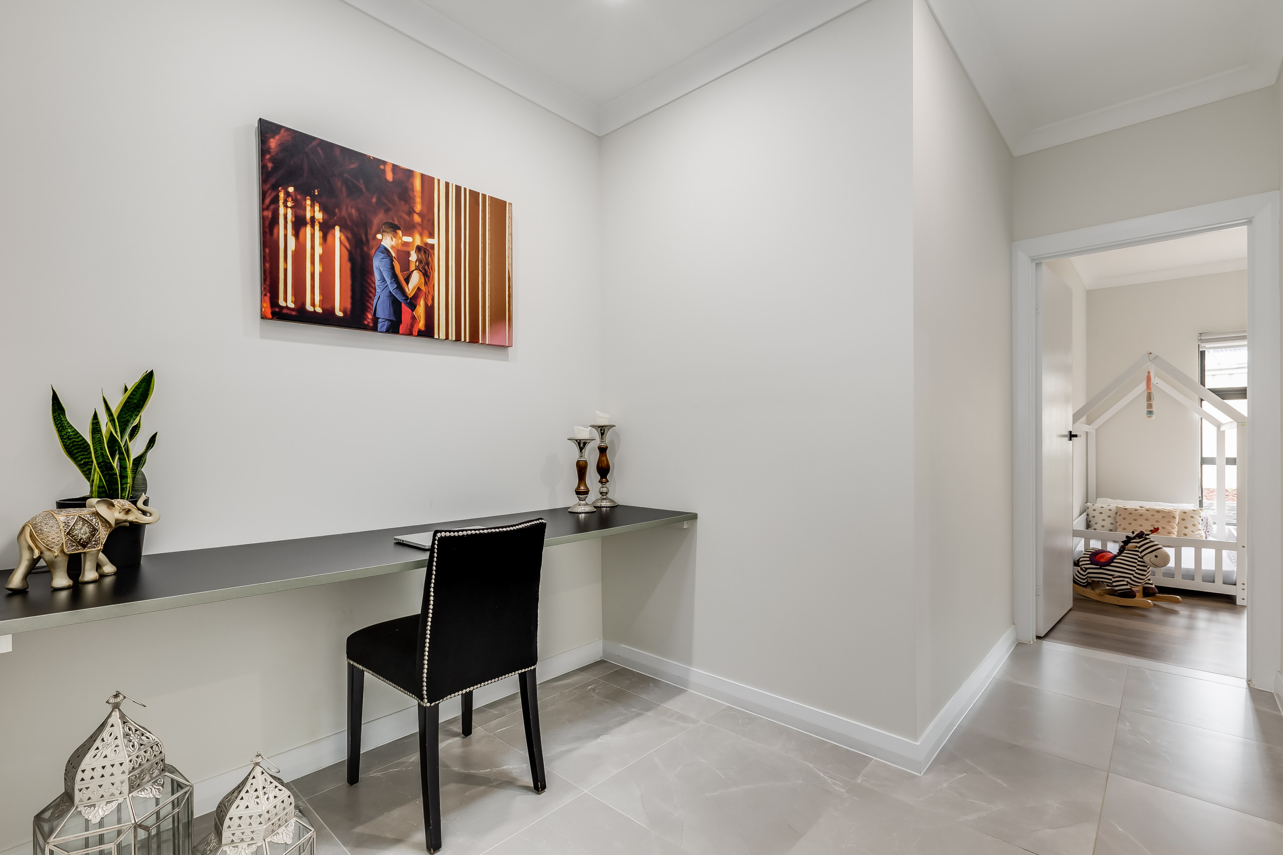 75 Beautiful Home Office with Beige Walls and Ceramic Flooring