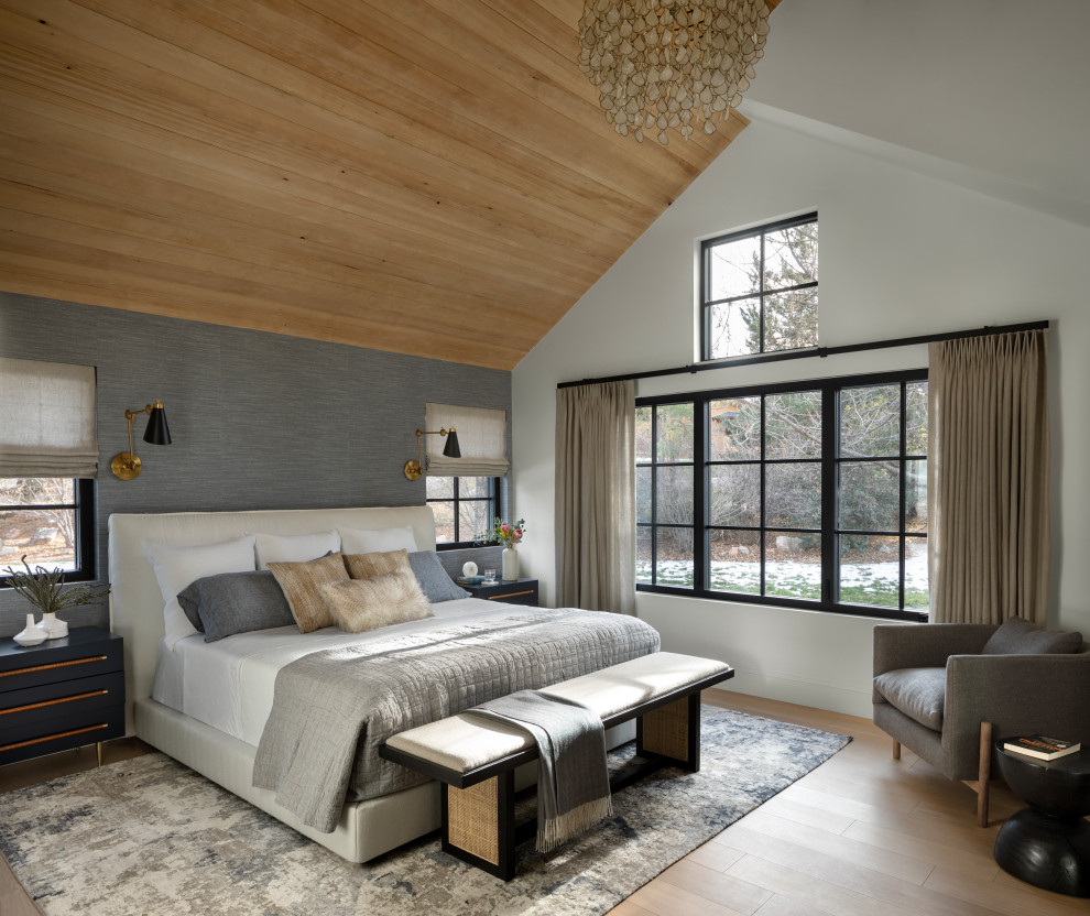 Design ideas for a transitional master bedroom in Denver with vaulted.