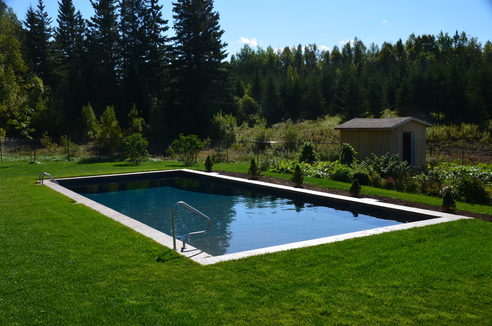 Large mountain style backyard stamped concrete and rectangular pool photo