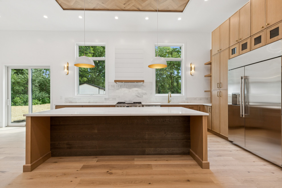 Warm Modern Kitchen With Herringbone Ceiling & Wood-Clad Island