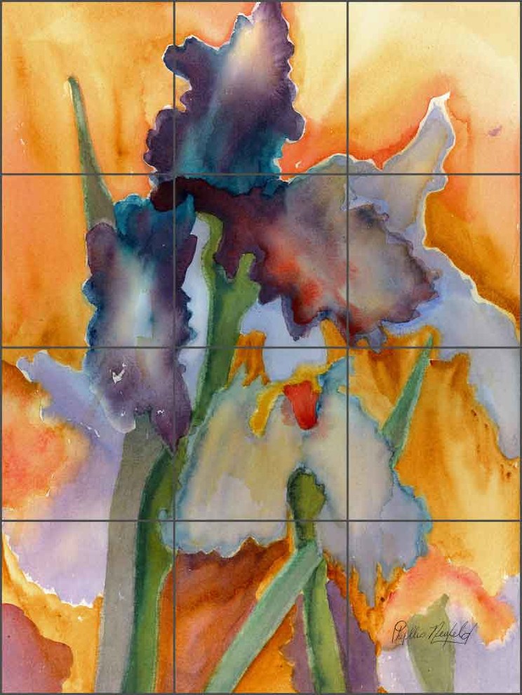 Ceramic Tile Mural Backsplash, Abstract Iris by Phyllis Neufeld, 12.75"x17"