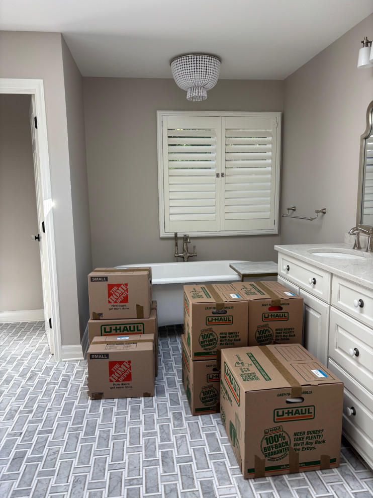 Moving boxes in a bathroom