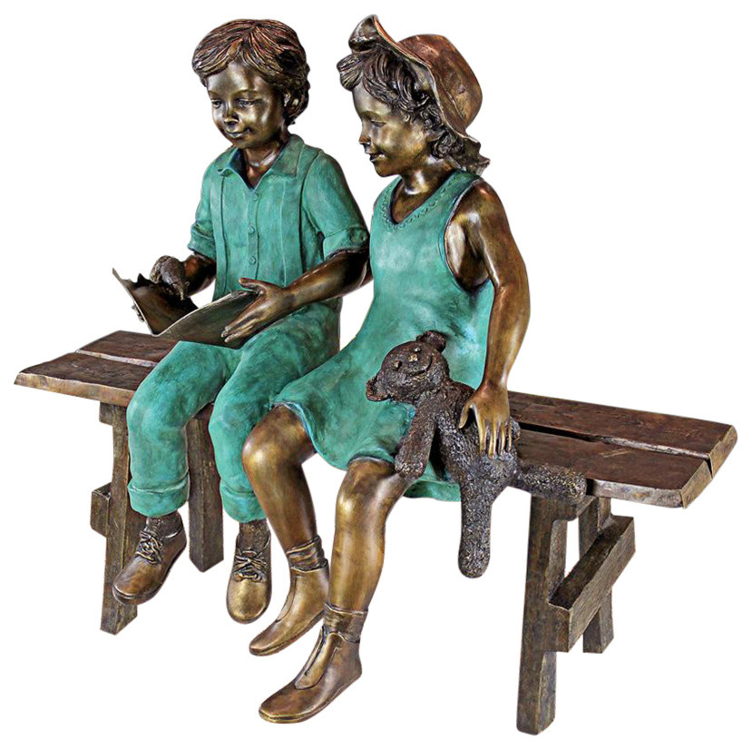 Read To Me Boy and Girl Bronze Statue Traditional Garden Statues And Yard Art by