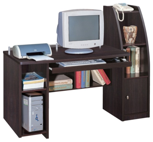 Wooden Computer Desk With Multiple Shelves In Cappuccino Brown