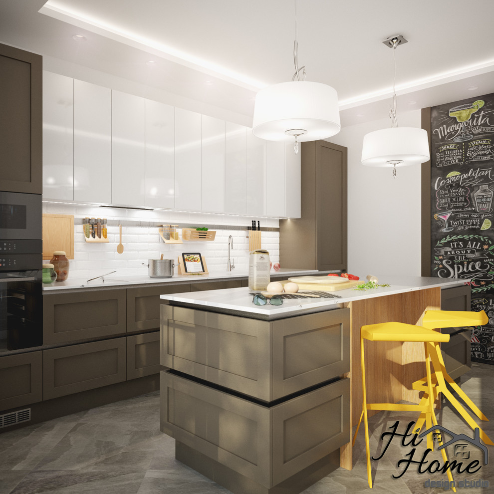 This is an example of a mid-sized contemporary single-wall kitchen in Other with an integrated sink, recessed-panel cabinets, brown cabinets, quartz benchtops, white splashback, subway tile splashback, black appliances, marble floors, with island, grey floor and yellow benchtop.