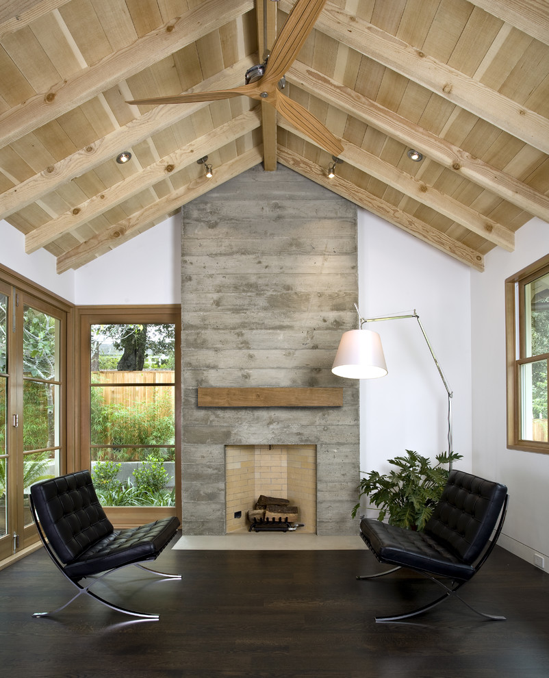 Inspiration for a transitional living room in San Francisco with a concrete fireplace surround.