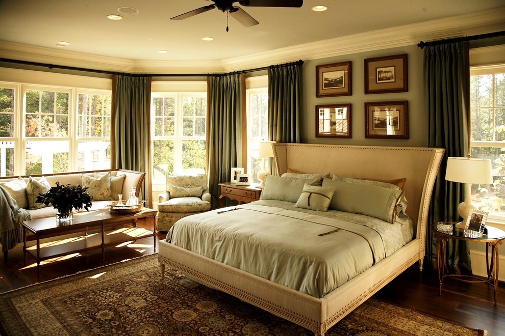 This is an example of a traditional bedroom in Detroit with grey walls and dark hardwood floors.