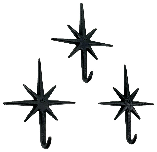 Set of 3 Black Finish Cast Iron Atomic Starburst Wall Hooks