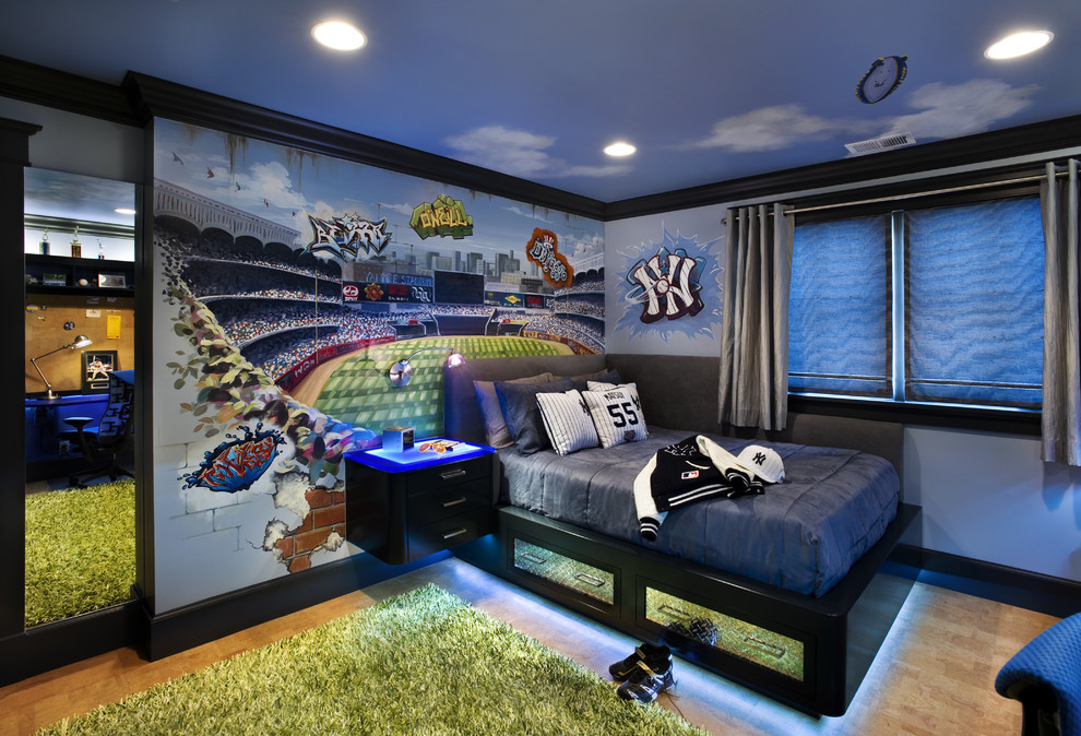 Contemporary kids' room in San Francisco with multi-coloured walls for boys.