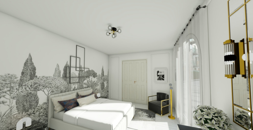 Aménagement d'une chambre parentale haussmannienne classique de taille moyenne avec un mur blanc, parquet clair, aucune cheminée, un sol blanc et du papier peint.