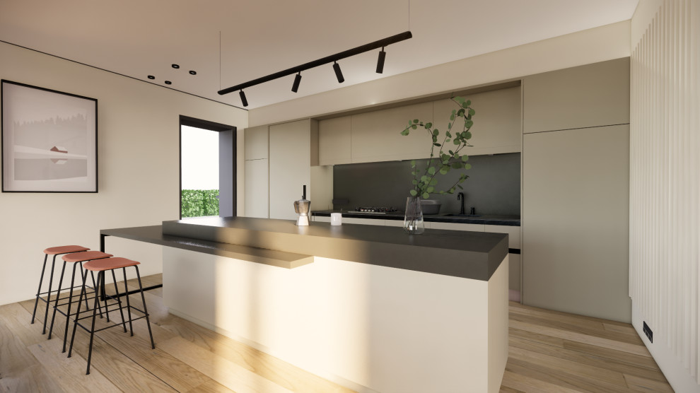 Design ideas for a medium sized contemporary grey and black single-wall open plan kitchen in Barcelona with a built-in sink, flat-panel cabinets, grey cabinets, engineered stone countertops, grey splashback, engineered quartz splashback, integrated appliances, medium hardwood flooring, an island, brown floors, grey worktops and a wallpapered ceiling.