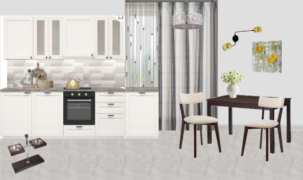 Коллаж кухни 8,6 кв. метра со столовой зоной и местом для кормления питомцев