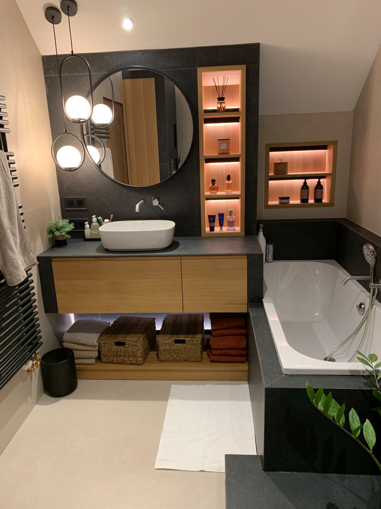Inspiration for a contemporary master bathroom in Other with light wood cabinets, an undermount tub, a curbless shower, beige tile, ceramic tile, beige walls, ceramic floors, tile benchtops, an open shower, a single vanity, a built-in vanity and recessed.
