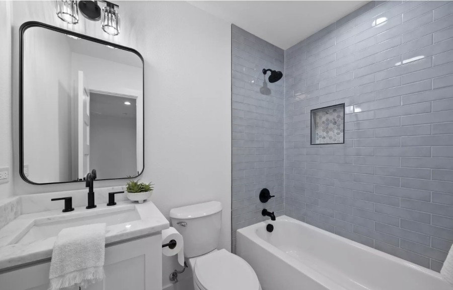 Bathroom with Blue Subway Tile Shower - Transitional - Bathroom ...