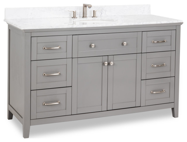 60 Grey Vanity Satin Nickel Hardware Shaker Style Carrara Marble Top Oval Bowl Transitional Bathroom Vanities And Sink Consoles By Kolibri Decor