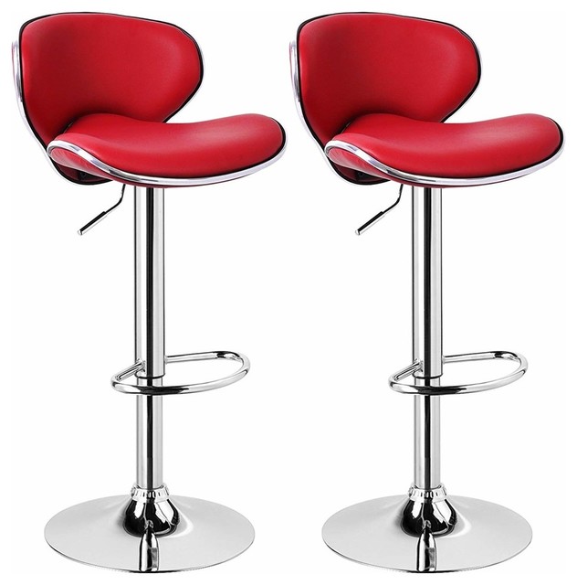 Luxury 2-Bar Stool Set Upholstered, Faux Leather, Footrest and Gas Lift Dark Red