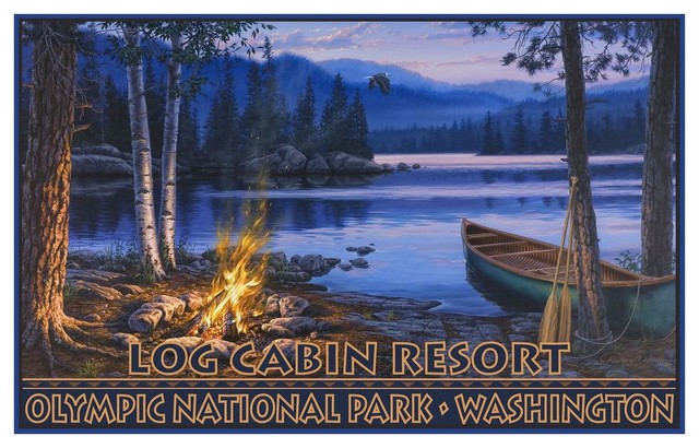 Darrell Bush Log Cabin Resort Washington Lake Canoe Fire Art Print