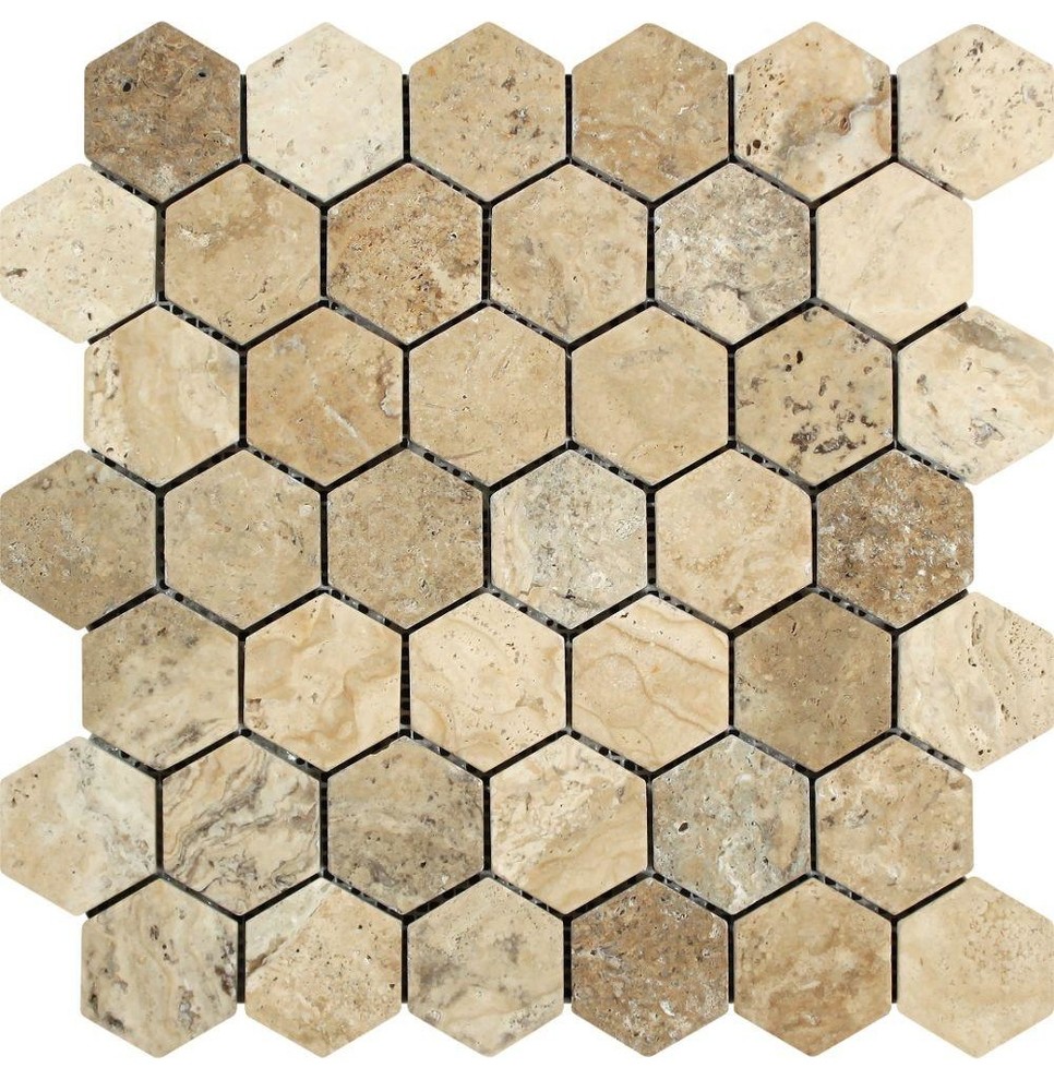 12"x12" Tumbled Philadelphia Travertine Hexagon Mosaic Tile, Set of 10