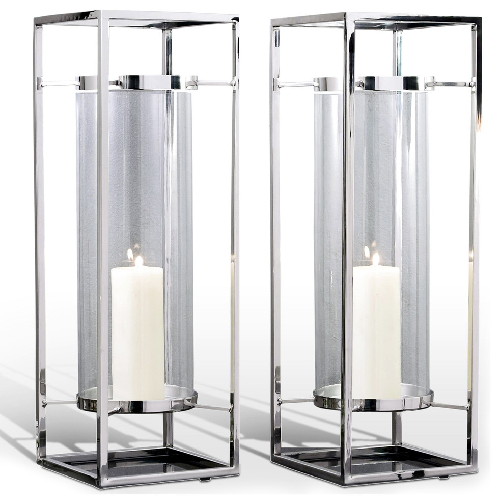 Pair Adour Silver Glass Modern Square Tall Hurricane Candle Holders