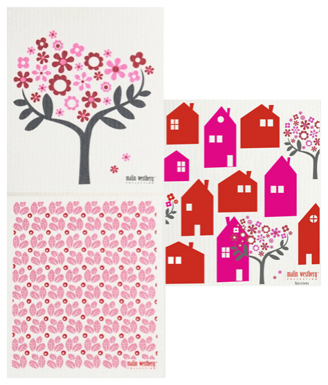 Swedish Dishcloths/Sponge Cloth 3-Pk Flower Tree, Townhouse + Ligonberries