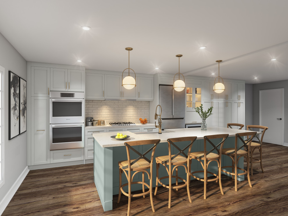 Modern single-wall kitchen in DC Metro with a farmhouse sink, stainless steel appliances and with island.