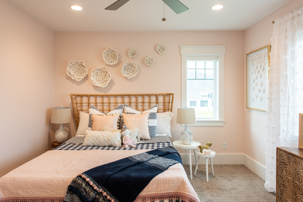 Inspiration for a mid-sized arts and crafts guest bedroom in Salt Lake City with pink walls, carpet, no fireplace and beige floor.