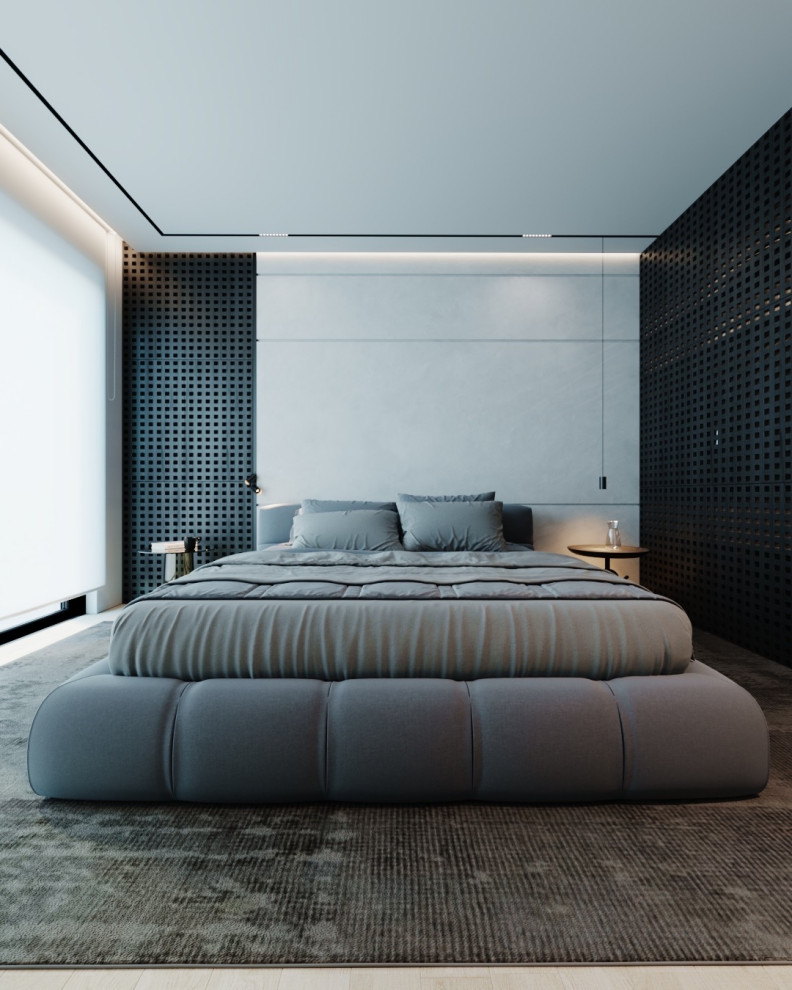 Modelo de dormitorio principal y blanco y madera minimalista grande sin chimenea con paredes blancas, suelo de madera clara y suelo beige