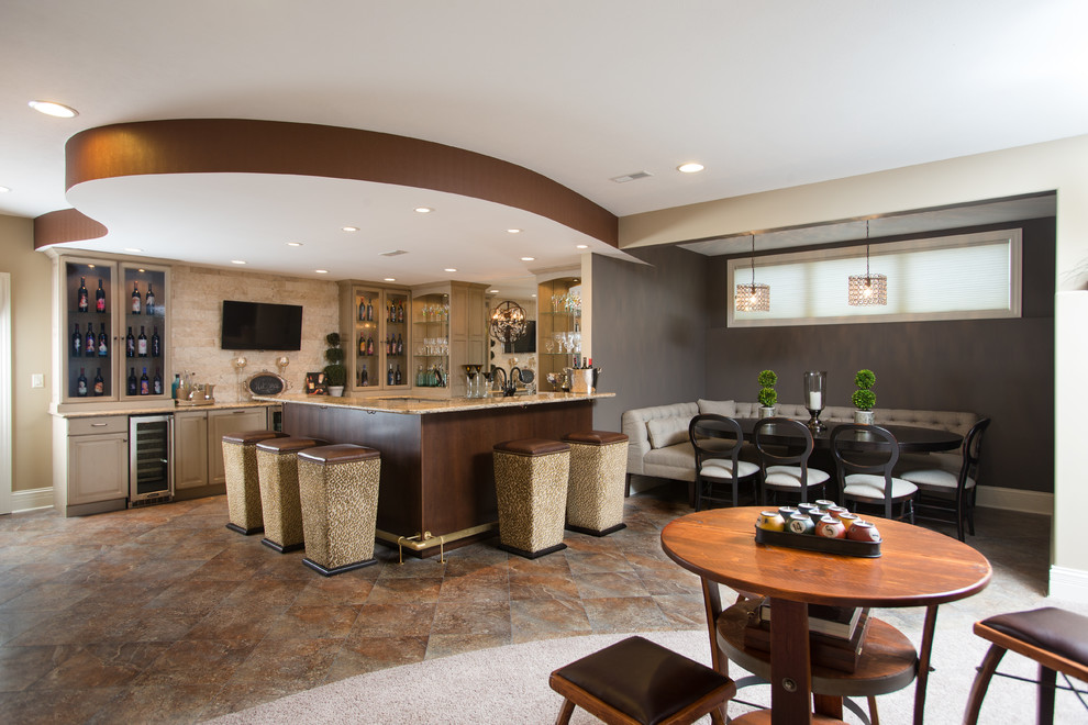 Inspiration for a transitional look-out basement in St Louis with ceramic floors, no fireplace, grey walls and a home bar.