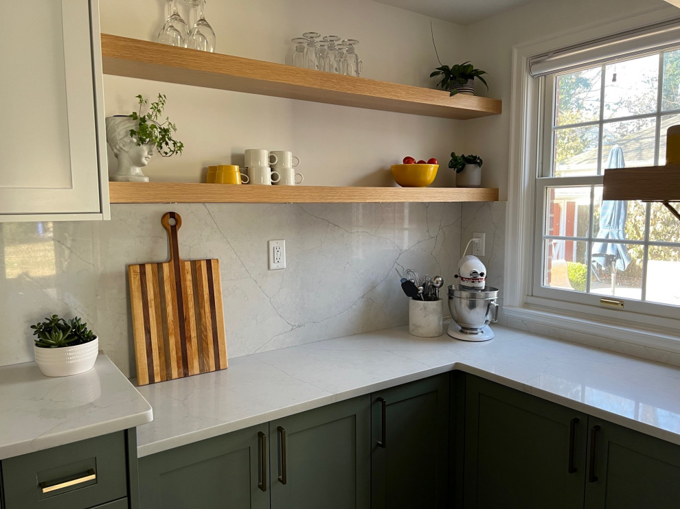 This is an example of a small classic galley enclosed kitchen in Indianapolis with a submerged sink, shaker cabinets, green cabinets, engineered stone countertops, white splashback, engineered quartz splashback, stainless steel appliances, porcelain flooring, no island, grey floors and yellow worktops.