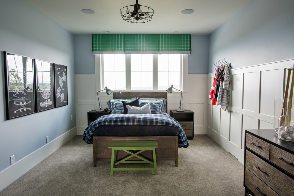 2016 Parade of Homes Colorado Springs - Inspiration for a bedroom transitional boy carpeted and gray floor kids' bedroom remodel in Denver with blue walls