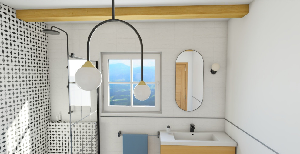 Bild på ett litet funkis badrum med dusch, med en kantlös dusch, svart och vit kakel, keramikplattor, vita väggar, marmorgolv, bänkskiva i akrylsten och vitt golv