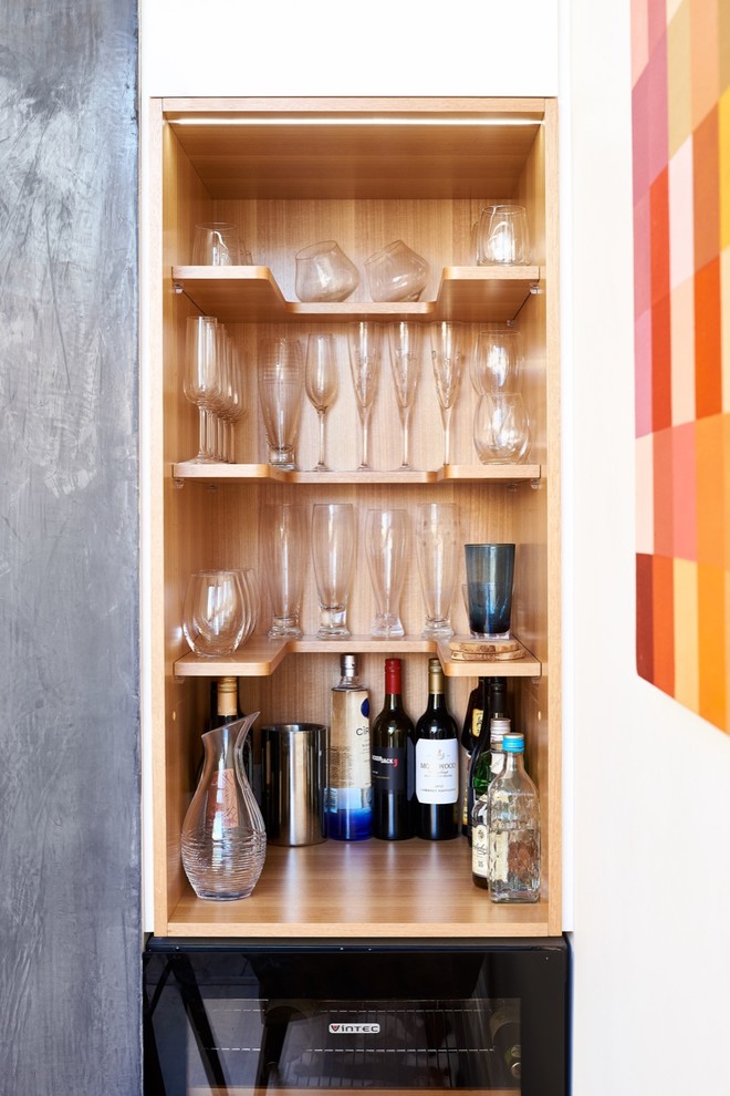 Inspiration for a contemporary single-wall home bar in Sydney with no sink, open cabinets and wood benchtops.