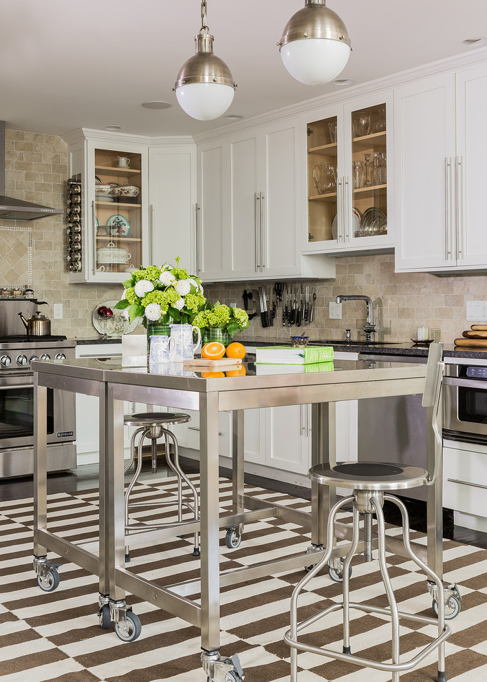 Inspiration for a transitional l-shaped multicolored floor kitchen remodel in Boston with shaker cabinets, white cabinets, beige backsplash and stainless steel appliances
