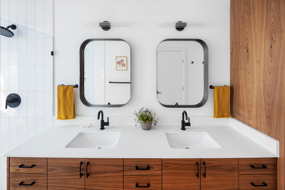 Bathroom - large scandinavian master white tile and porcelain tile double-sink bathroom idea in Austin with flat-panel cabinets, medium tone wood cabinets, an undermount sink, quartz countertops, white countertops and a floating vanity