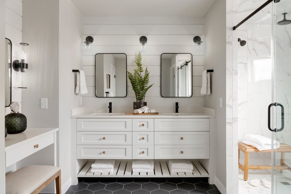 Transitional master bathroom in Minneapolis with white cabinets, a shower/bathtub combo, white tile, white walls, quartzite benchtops, a hinged shower door, white benchtops, a double vanity and a built-in vanity.
