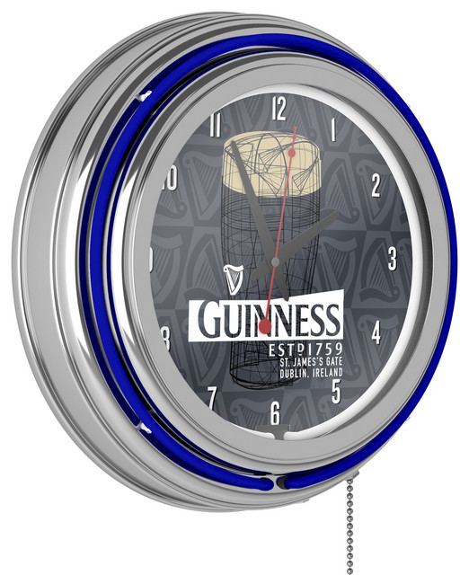 Guinness Chrome Double Rung Neon Clock , Line Art Pint Contemporary