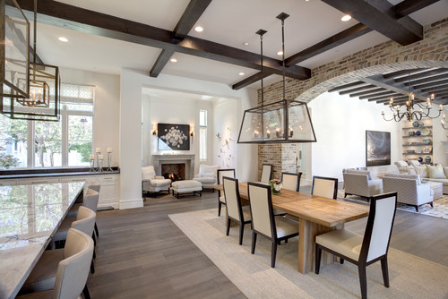 transitional style with metal lighting over eating spaces
