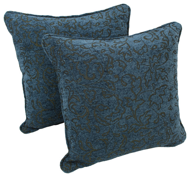 18" DoubleCorded Jacquard Chenille Square Throw Pillows, Set of 2, Blue Floral Contemporary