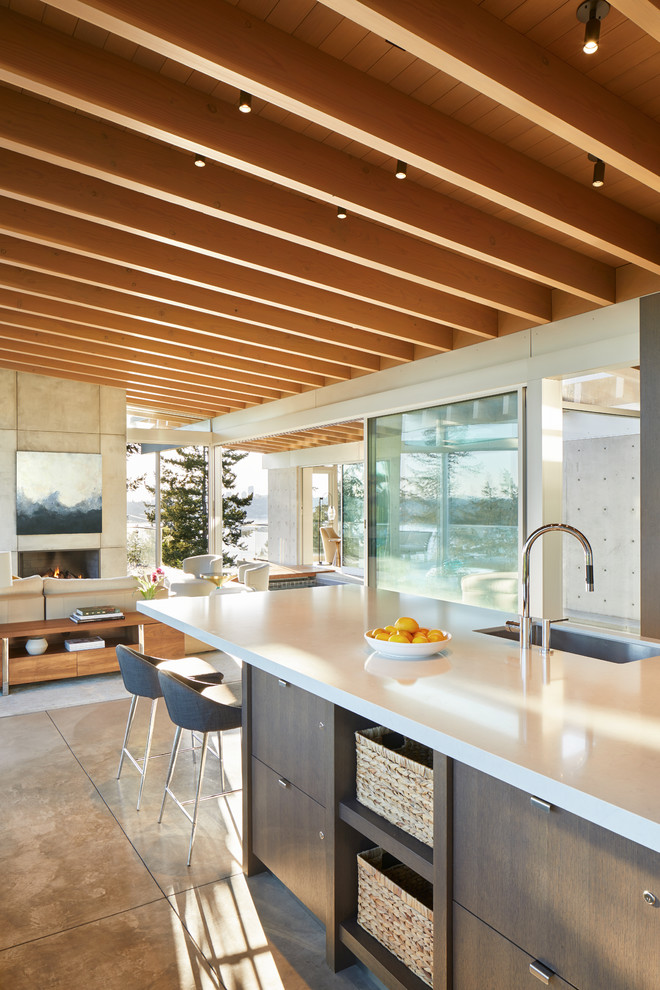 Huge trendy l-shaped concrete floor and gray floor open concept kitchen photo in Seattle with an undermount sink, flat-panel cabinets, dark wood cabinets, quartz countertops, blue backsplash, glass sheet backsplash, paneled appliances, an island and gray countertops